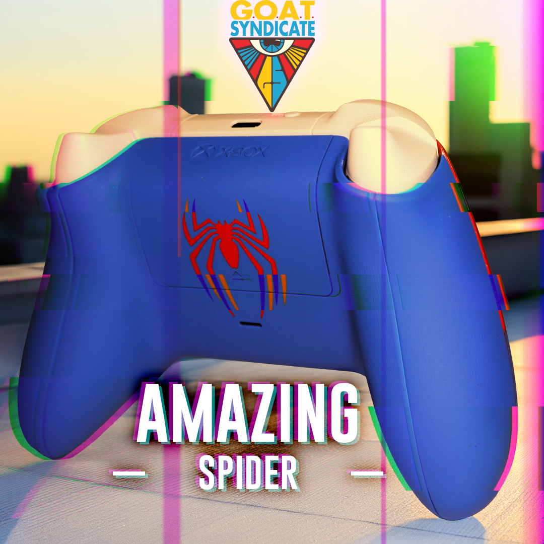 Blue gaming controller with spider design and 'GOAT Syndicate' logo, set against a colorful cityscape background.