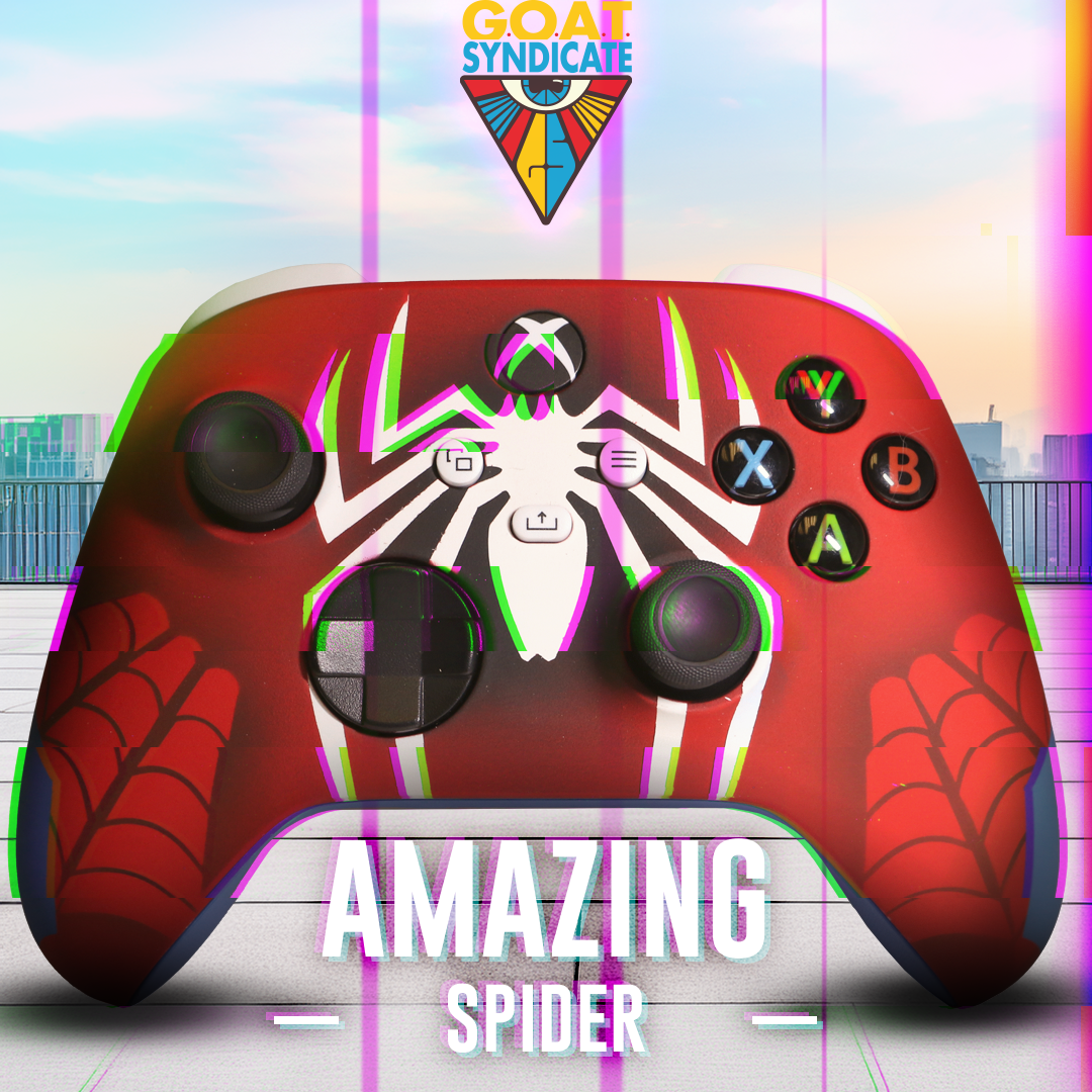 Gaming controller with Spider-Man design and 'GOAT Syndicate' logo on a colorful background