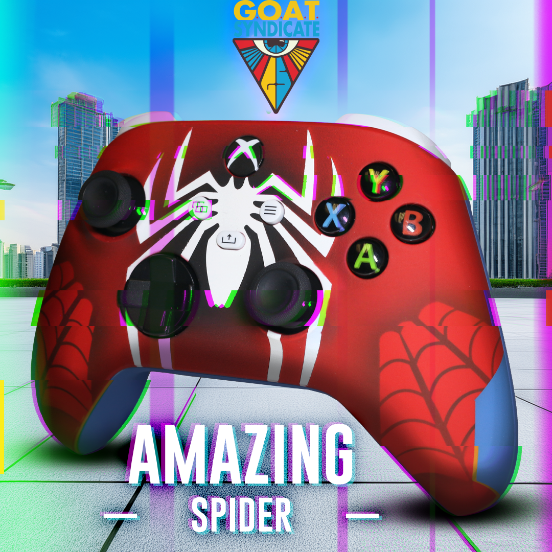 Red and white gaming controller with spider design on a colorful cityscape background