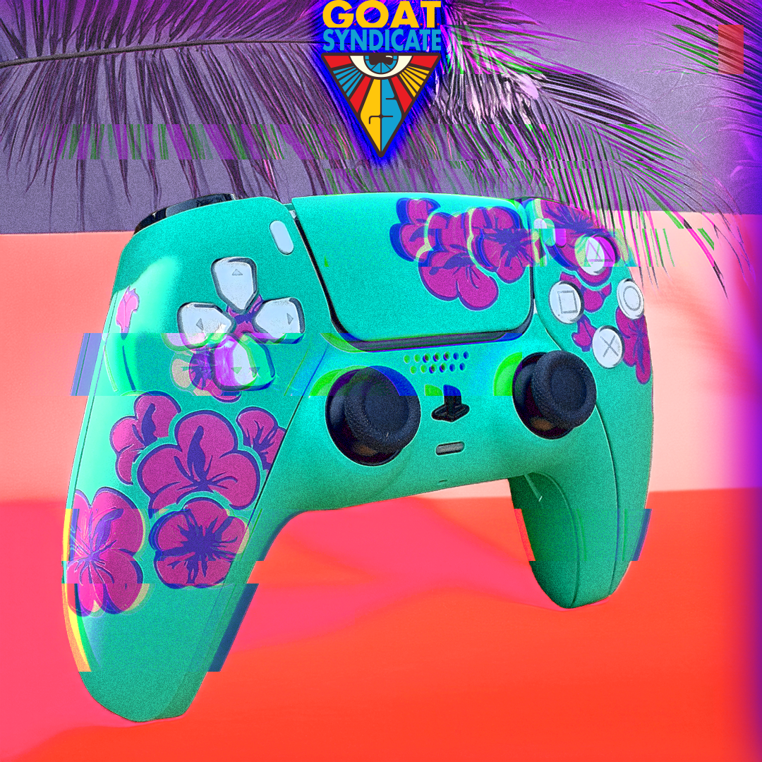 Colorful gaming controller with floral design on a vibrant background, featuring the 'GOAT Syndicate' logo.