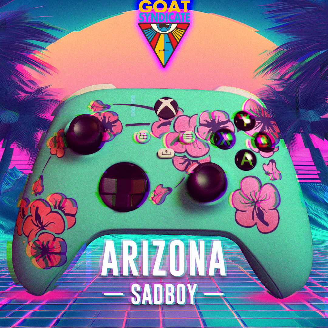 Gaming controller with floral design and 'Arizona Sadboy' text on a retro-futuristic background.