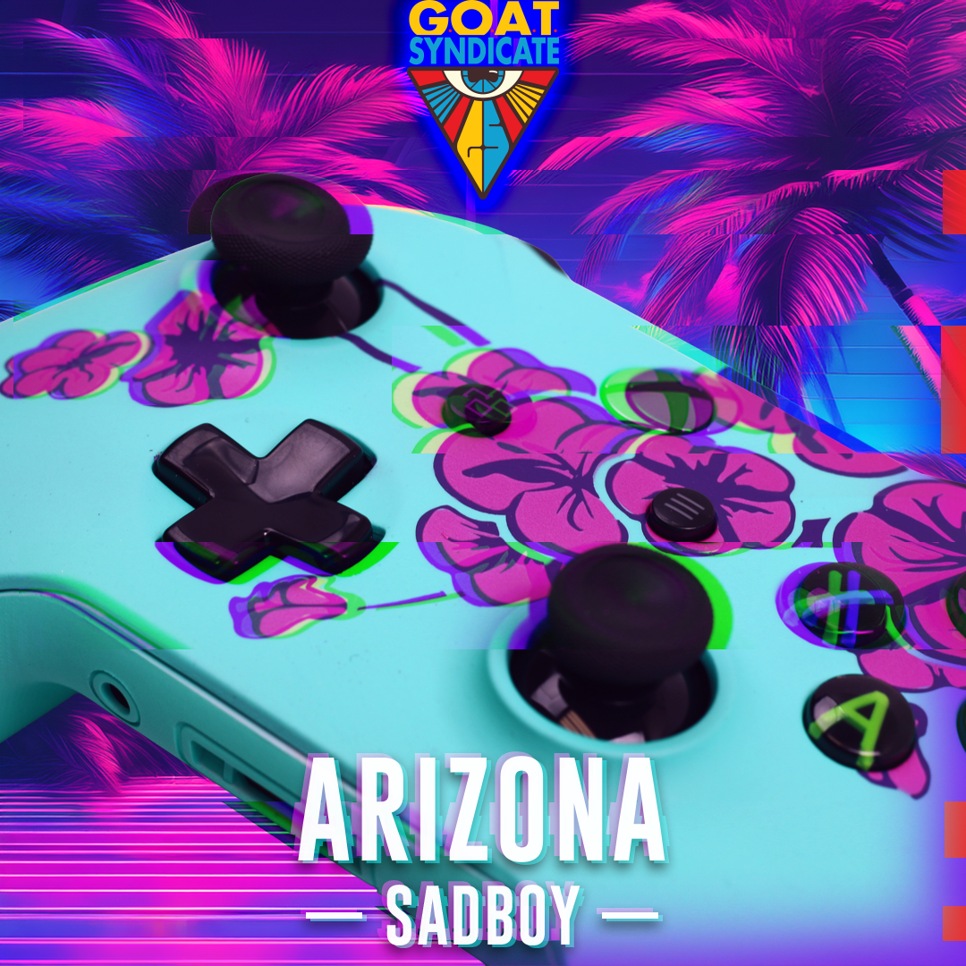 Gaming controller with floral design and 'GOAT Syndicate' branding against a colorful background.