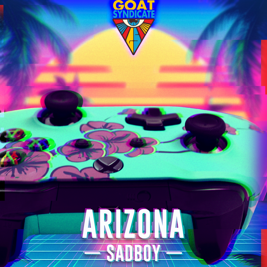 Colorful gaming controller with floral design on a vibrant background, featuring the 'GOAT Syndicate' logo.
