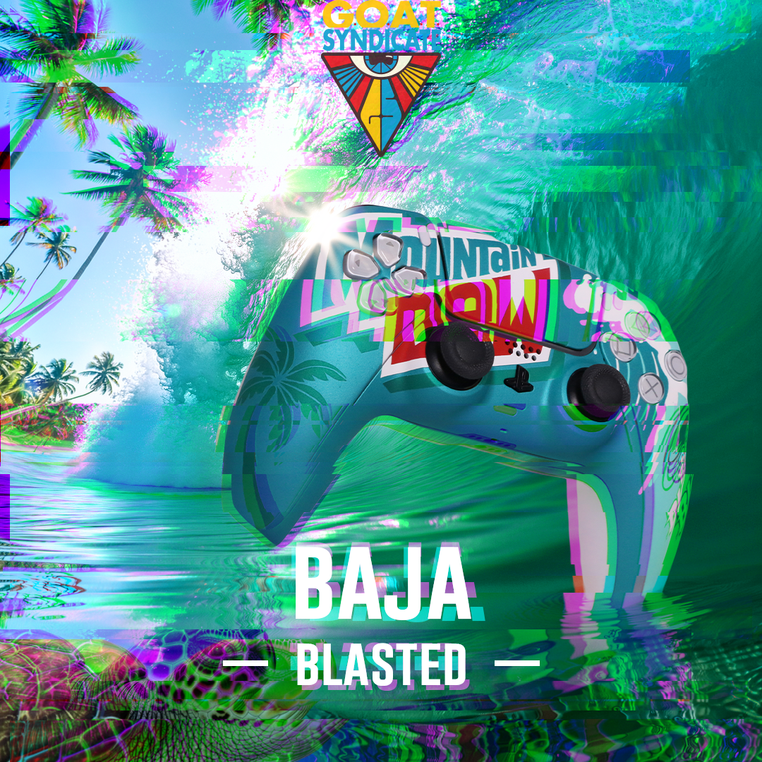 Colorful inflatable tube with 'Baja Blasted' text in a tropical setting, featuring the Goat Syndicate logo.