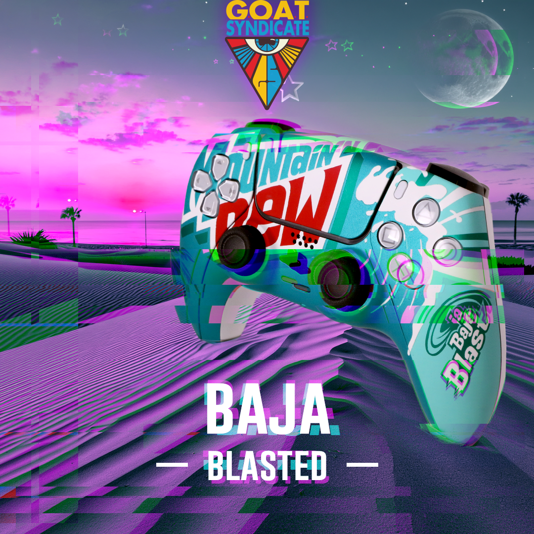 Colorful gaming controller with 'Baja Blasted' design against a futuristic landscape.