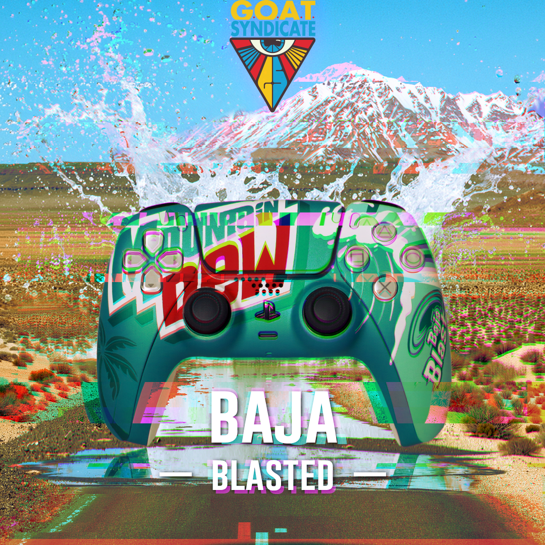 Colorful gaming controller with 'Baja Blasted' text, set against a desert landscape with mountains.