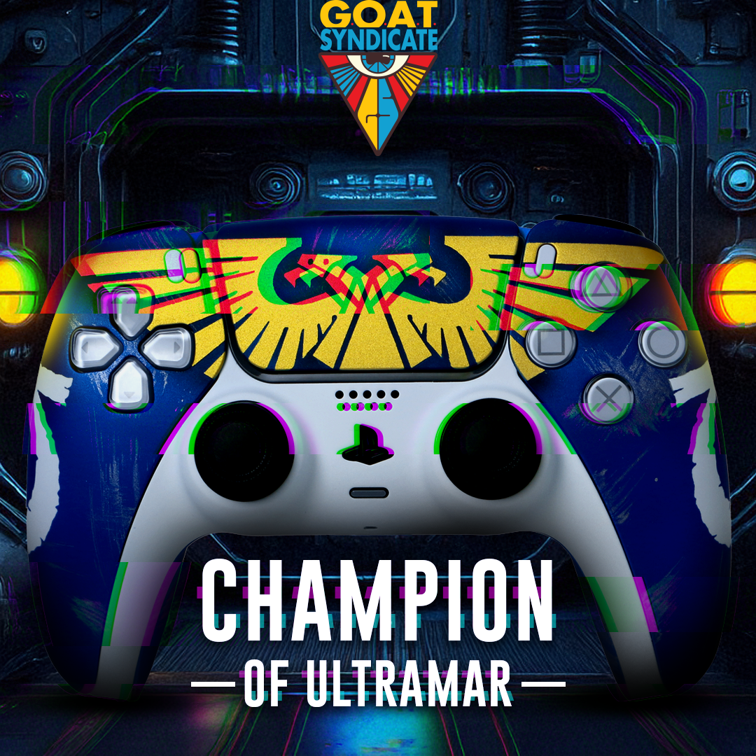Gaming controller with colorful design and 'GOAT Syndicate' logo on a dark background