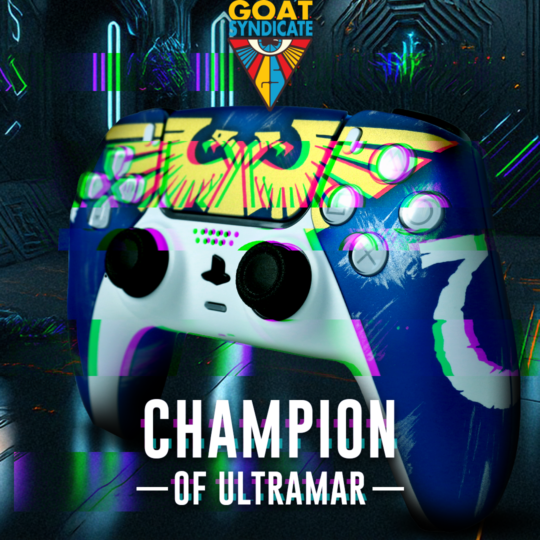 Colorful gaming controller with 'GOAT Syndicate' branding and 'Champion of Ultramar' text on a dark background.