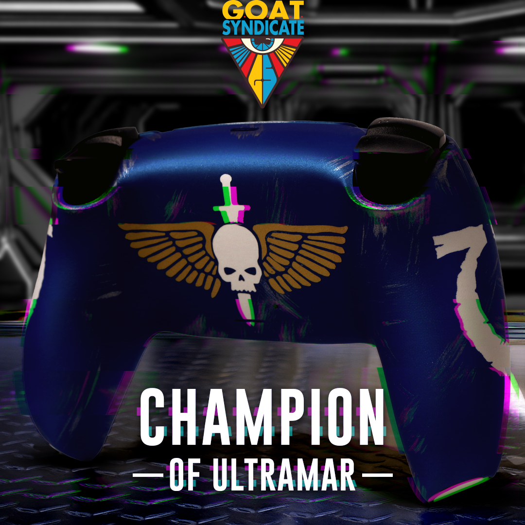 Gaming chair with a skull and crossbones design, featuring the 'GOAT Syndicate' logo above it.