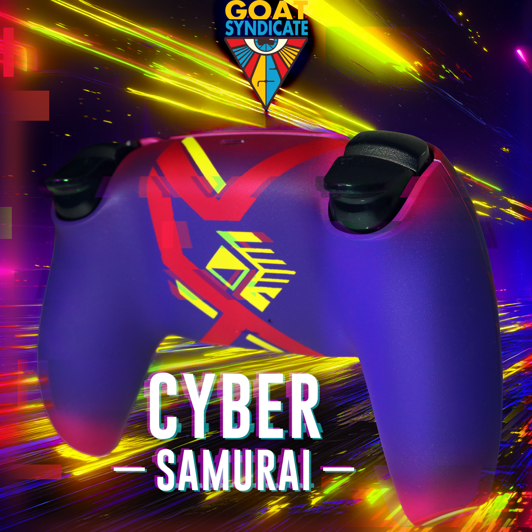 Gaming controller with 'Cyber Samurai' design on a vibrant, dynamic background with 'GOAT Syndicate' logo.
