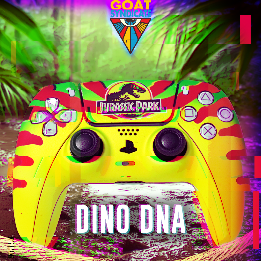 Colorful controller with Jurassic Park branding in a jungle setting