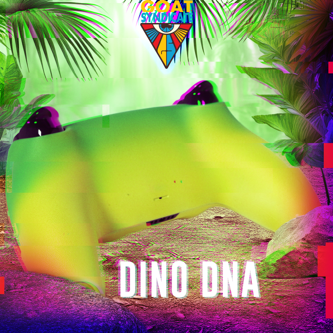 Colorful graphic with a dinosaur skeleton and 'DINO DNA' text on a vibrant background.