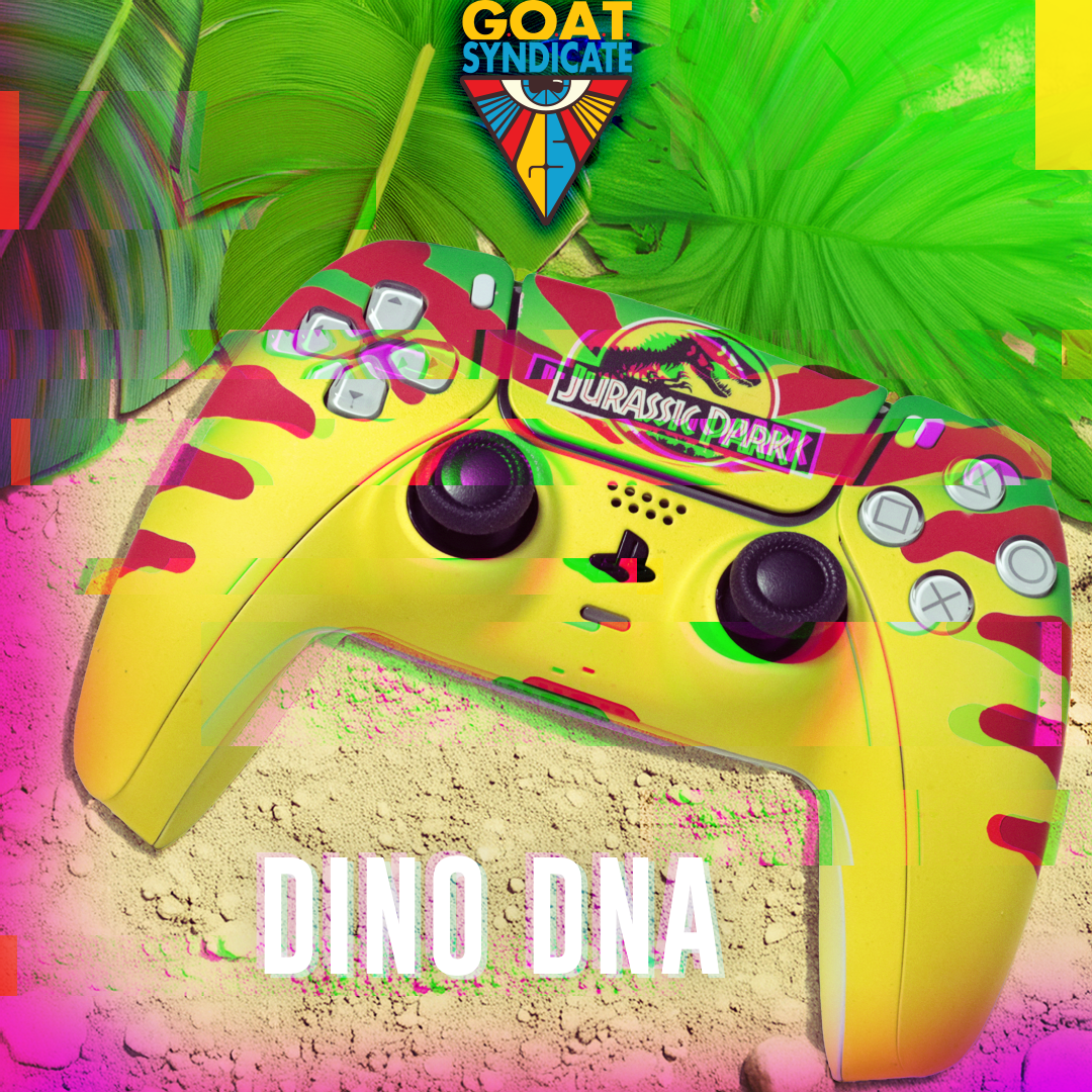 Colorful gaming controller with 'Jurassic Park' design on a vibrant background, featuring the Goat Syndicate logo.