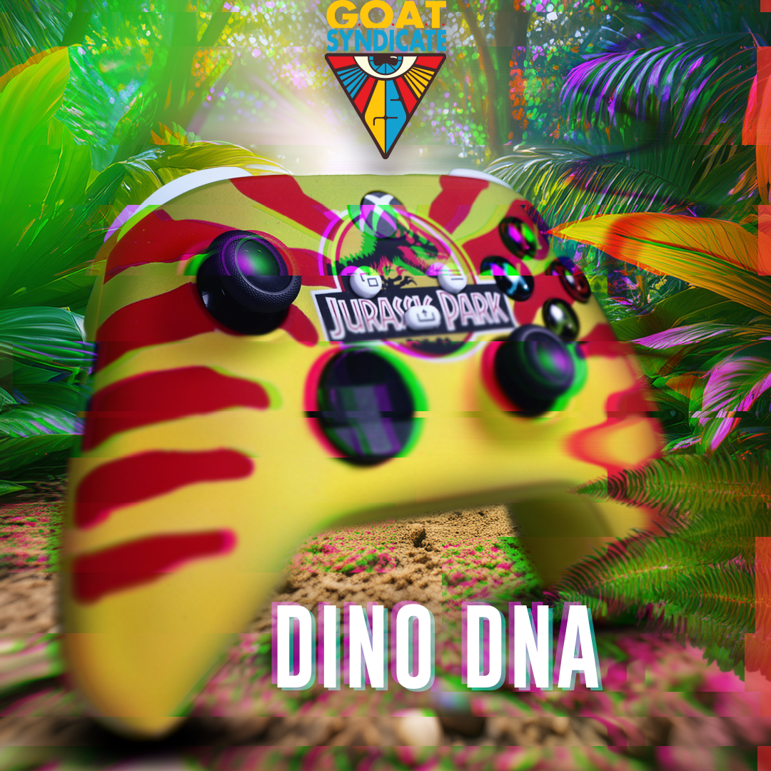 Colorful toy dinosaur with 'Jurassic Park' and 'GOAT Syndicate' branding in a jungle setting.