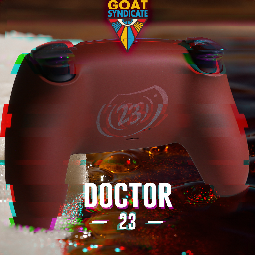 Gaming controller with 'Doctor 23' branding and 'GOAT Syndicate' logo.