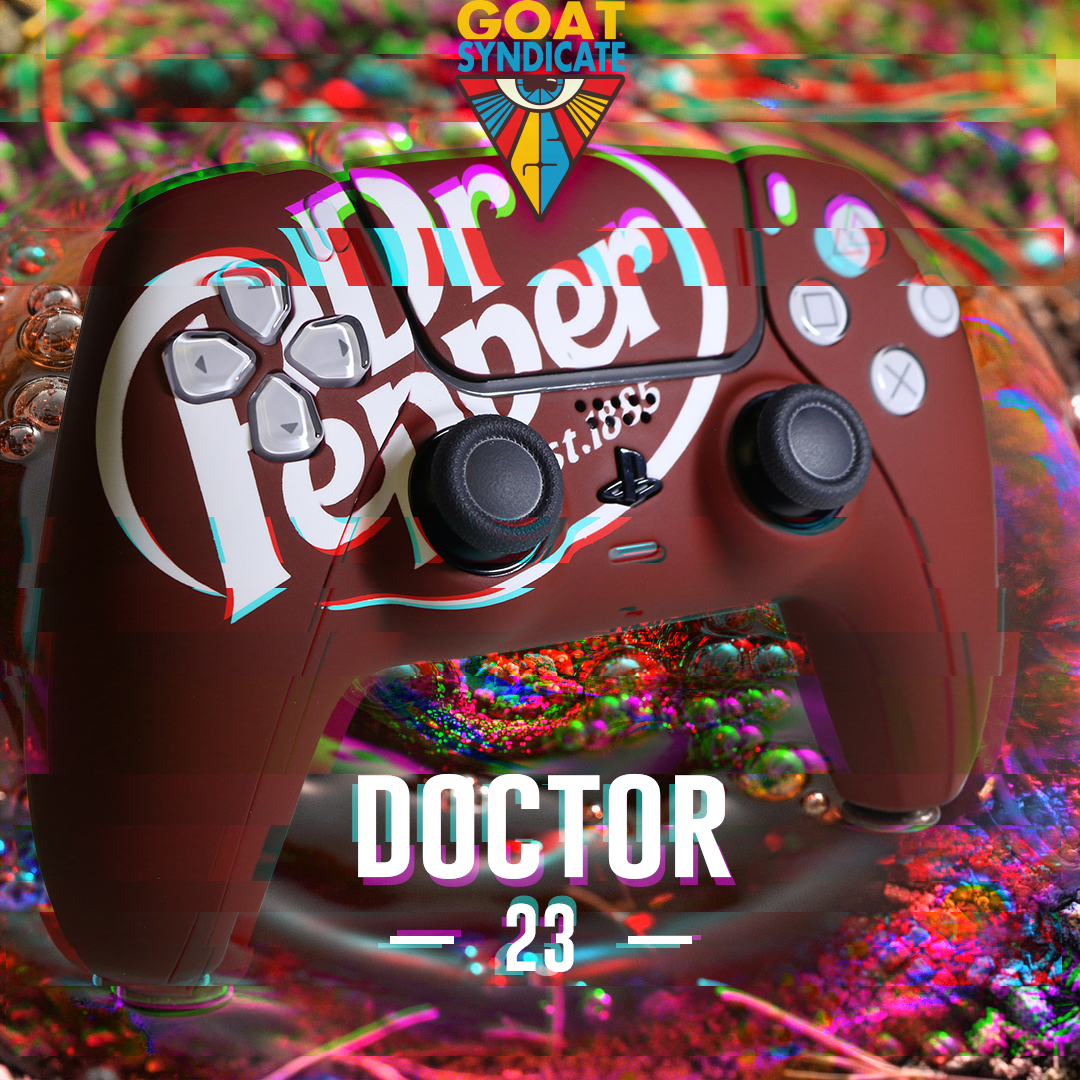 Gaming controller with 'Doctor 23' branding on a colorful background