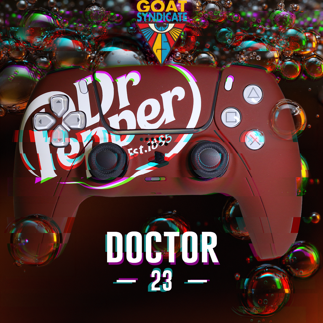Colorful gaming controller with 'Dr. Fender' branding on a dark background with bubbles.