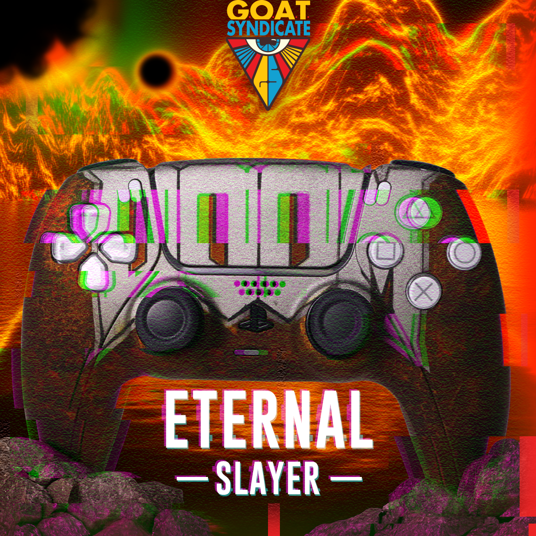 Gaming controller with 'Eternal Slayer' text against a fiery background, featuring the Goat Syndicate logo.