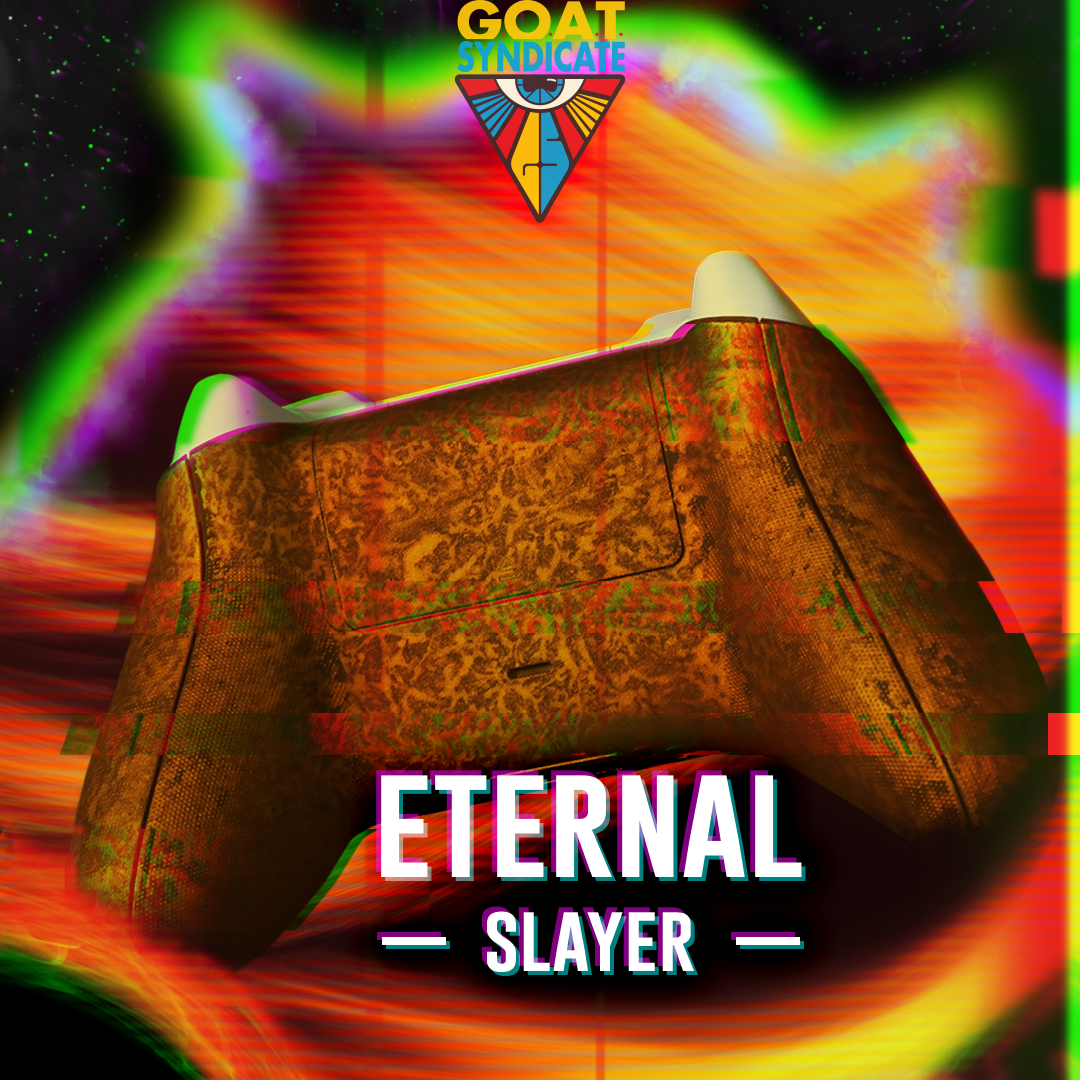 Vintage video game console with 'Eternal Slayer' text and 'GOAT Syndicate' logo on a colorful, abstract background.