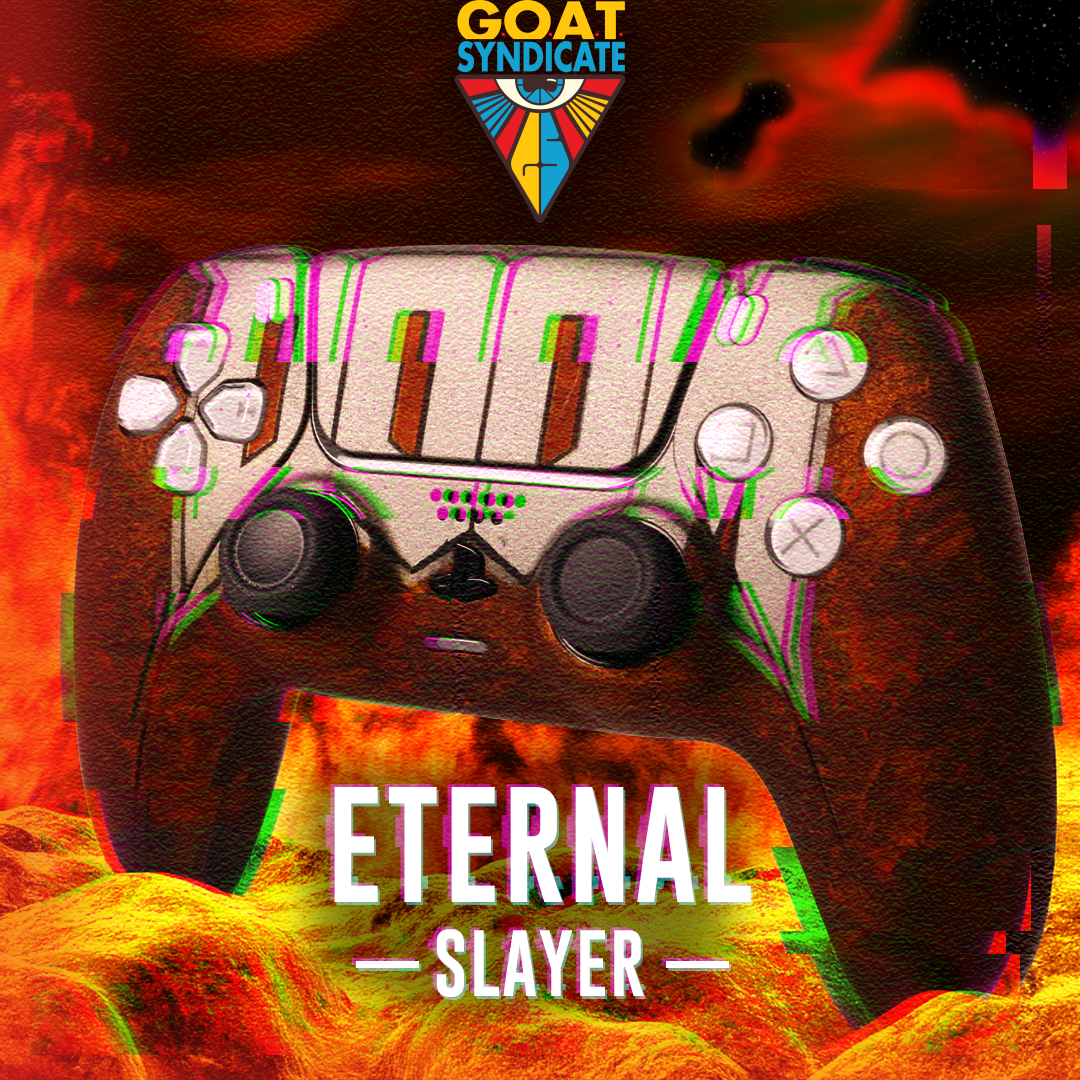 Gaming controller with 'Eternal Slayer' text on a fiery background, featuring the Goat Syndicate logo.