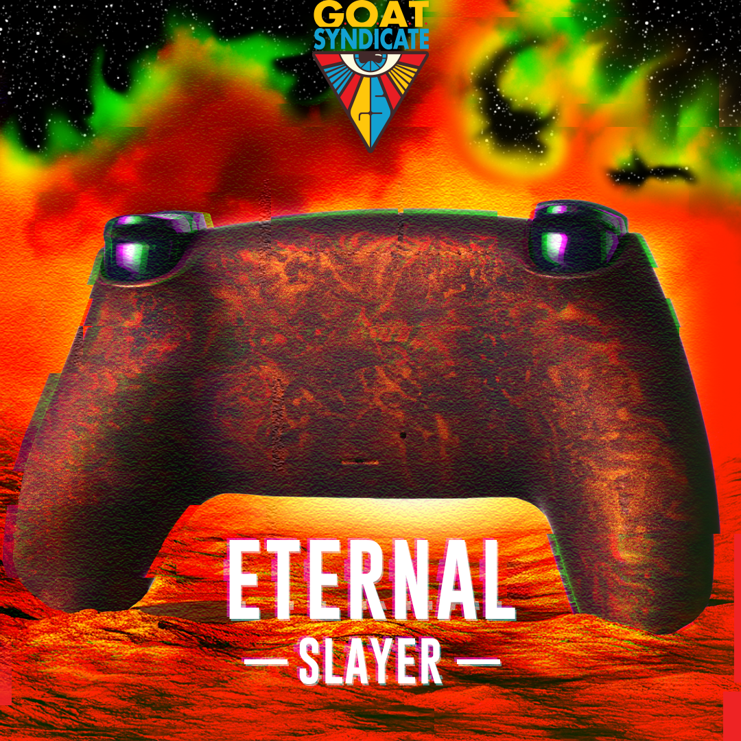Gaming controller with 'Eternal Slayer' text against a colorful, abstract background with 'GOAT Syndicate' logo.