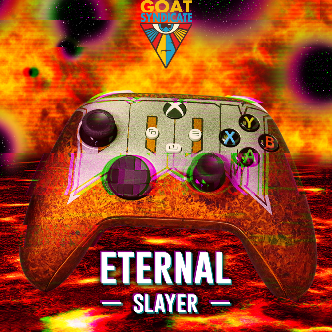 Gaming controller with 'Eternal Slayer' design on a fiery background, featuring the Goat Syndicate logo.
