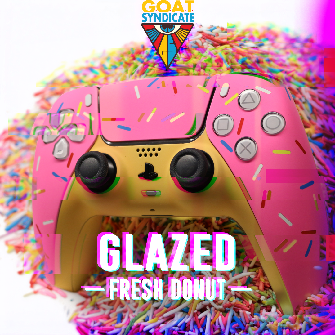 Pink and yellow gaming controller with donut design and 'GOAT Syndicate' logo on a colorful background.