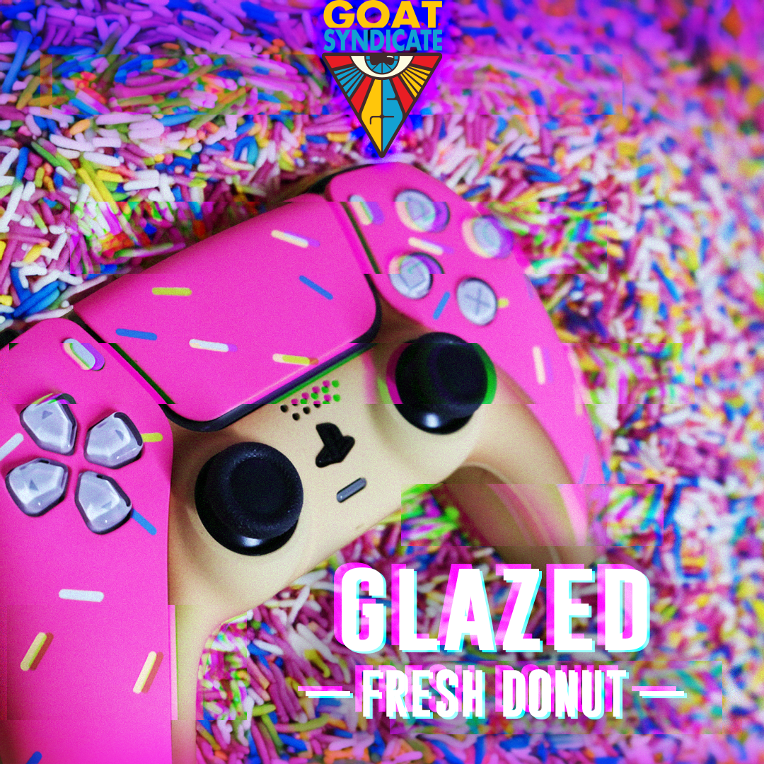 Pink donut-shaped phone case with colorful sprinkles on a background of more sprinkles, featuring 'GOAT Syndicate' branding.