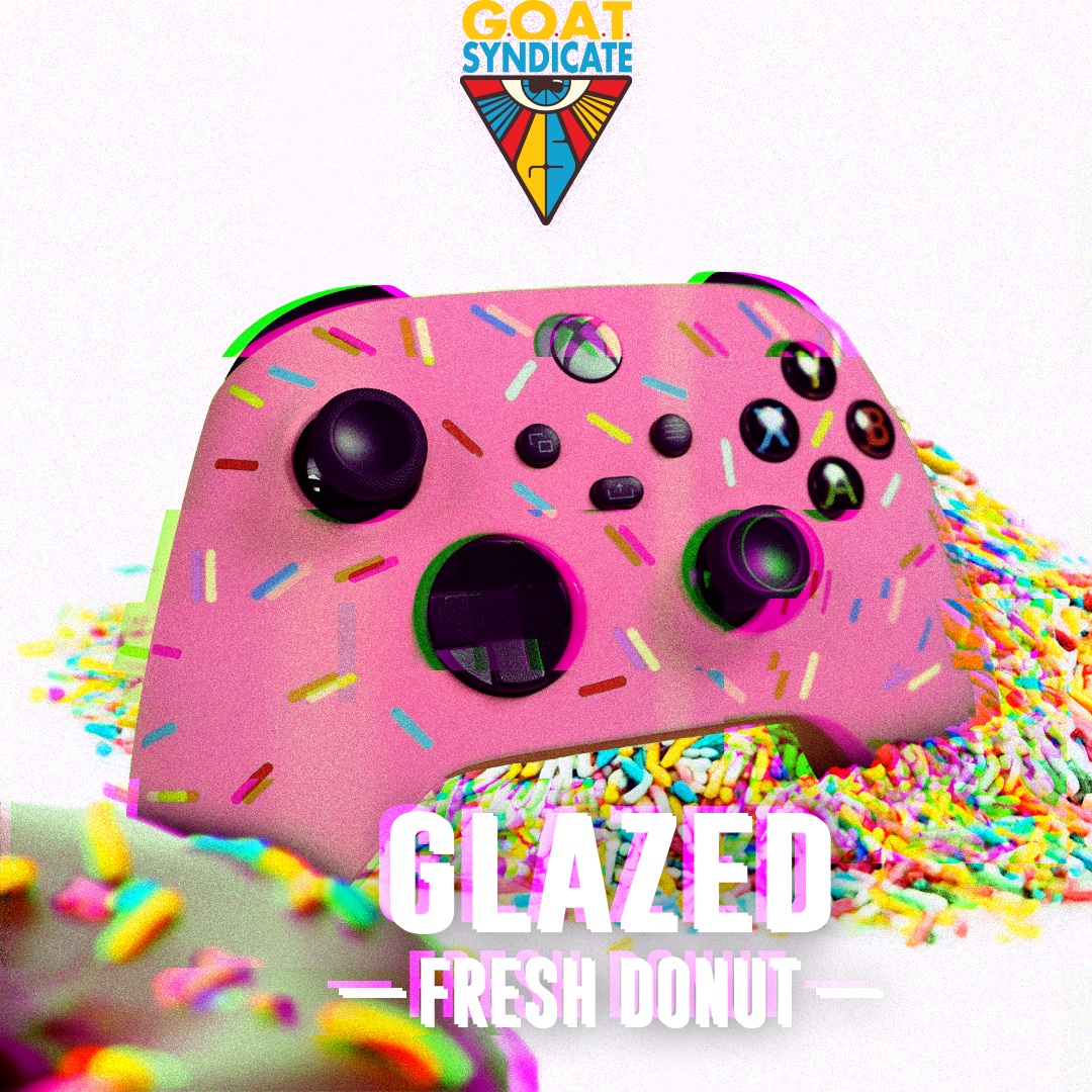 Pink gaming controller with donut and sprinkle design, featuring 'GOAT Syndicate' logo.