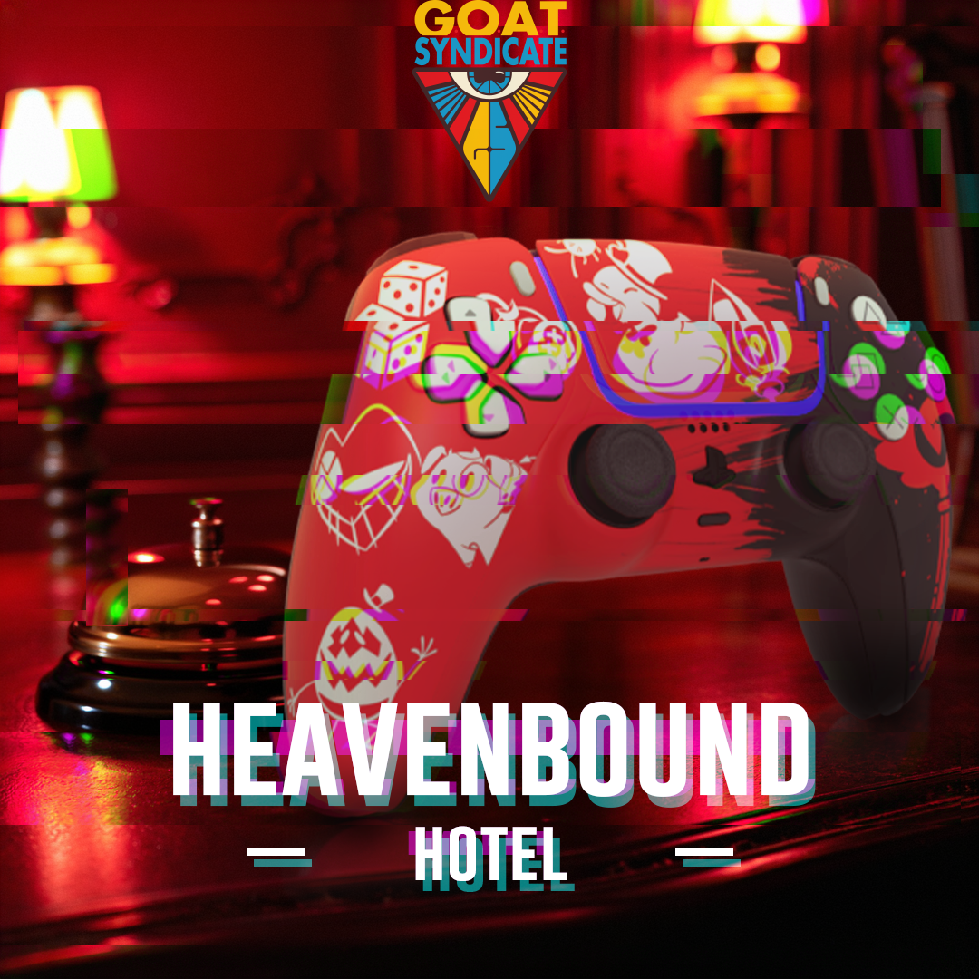 Gaming controller with colorful design on a dark background, featuring the 'GOAT Syndicate' logo.