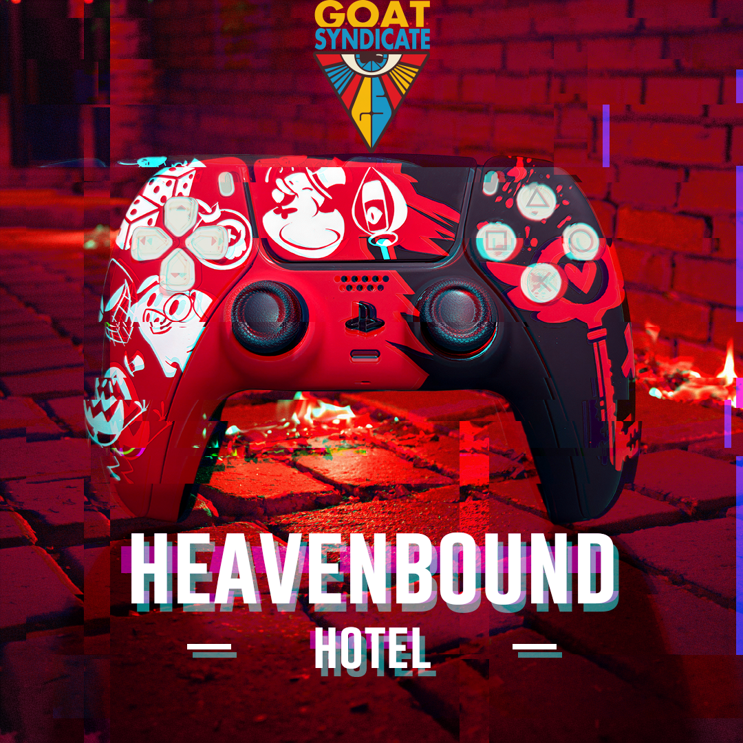 Gaming controller with red and white design on a brick background, featuring 'GOAT Syndicate' logo and 'Heavenbound Hotel' text.