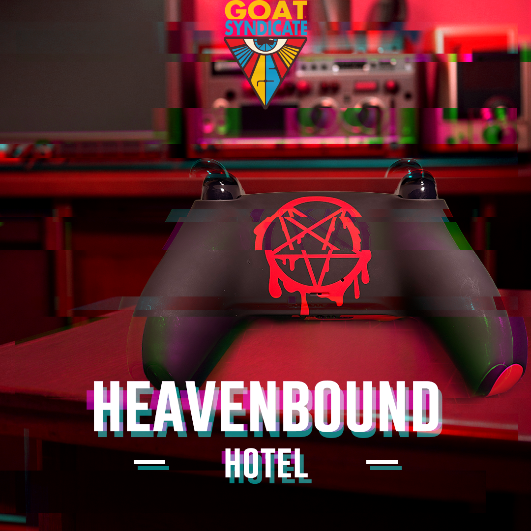 Gaming controller with red symbol on a blurred background featuring 'GOAT Syndicate' logo.