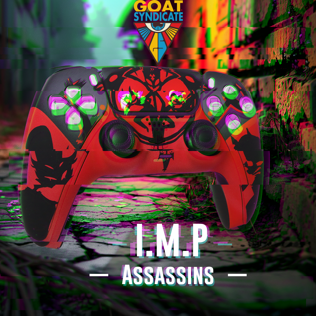 Gaming controller with red and black design, 'GOAT Syndicate' logo above, 'I.M.P Assassins' text below.