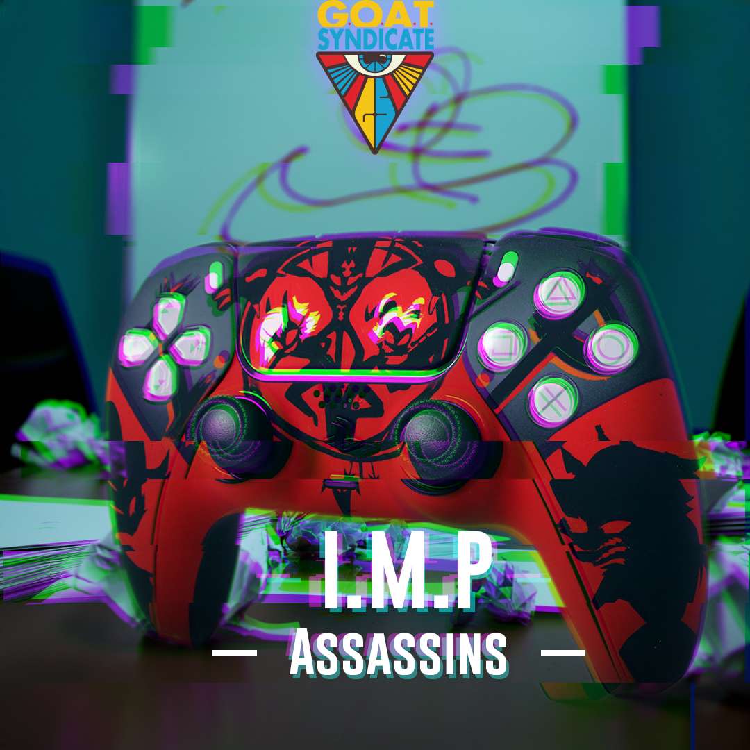 Gaming controller with red and black design, illuminated by colorful lights, on a blurred background with 'GOAT Syndicate' logo.