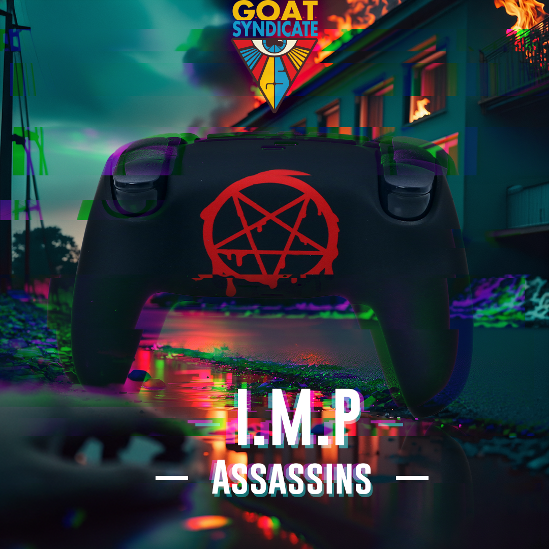 Gaming controller with a red symbol on a colorful, blurred background with 'GOAT Syndicate' logo.