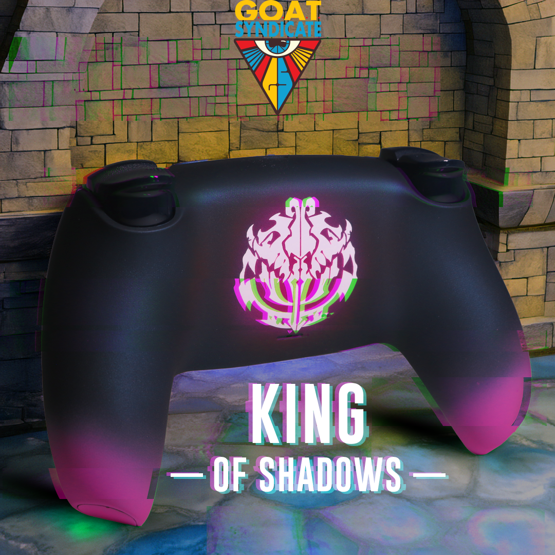 Black gaming controller with 'King of Shadows' design on a colorful background