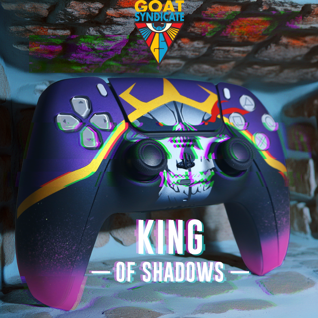 Gaming controller with skull design and 'King of Shadows' text, featuring Goat Syndicate logo.