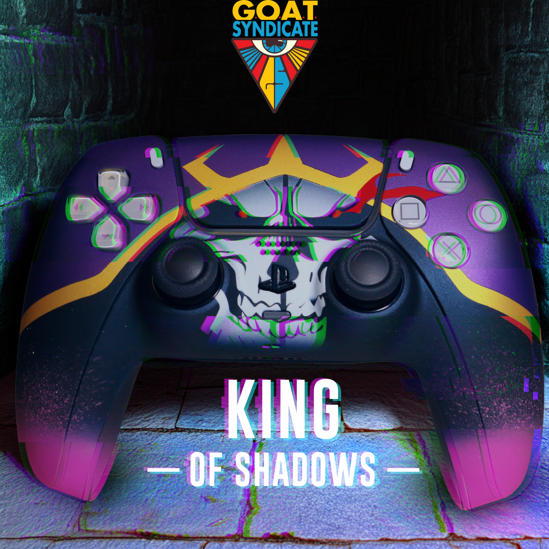 Colorful gaming controller with skull design and 'GOAT Syndicate' logo.
