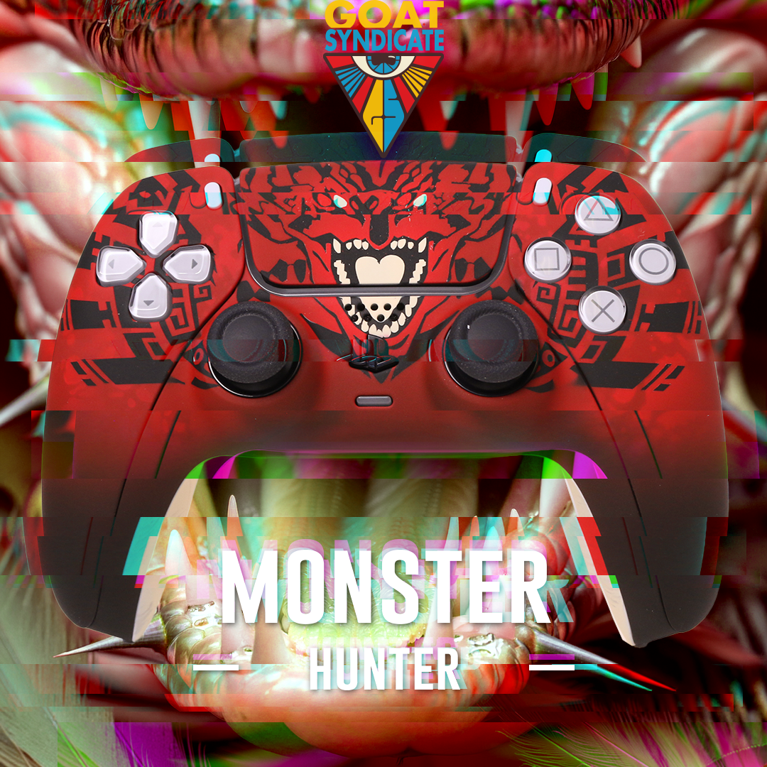 Gaming controller with Monster Hunter design on a colorful background, featuring the Goat Syndicate logo.