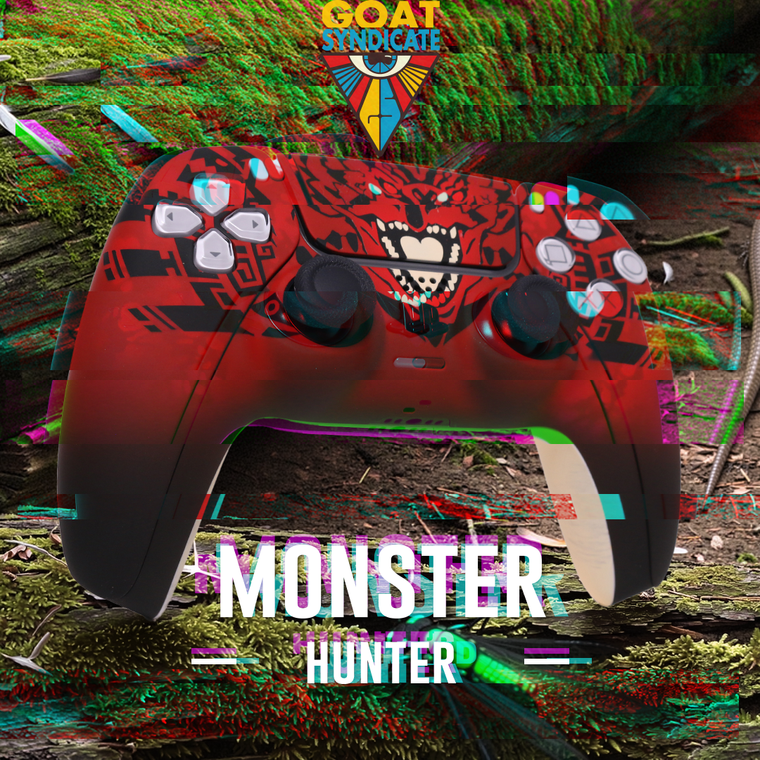 Red gaming controller with 'Monster Hunter' design on a natural background
