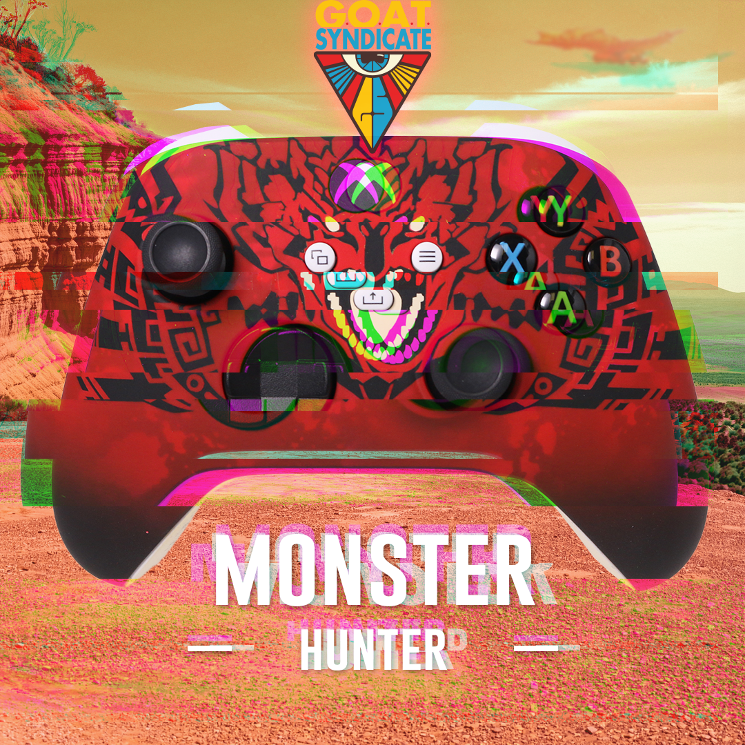 Colorful gaming controller with 'Monster Hunter' branding against a vibrant, abstract background.