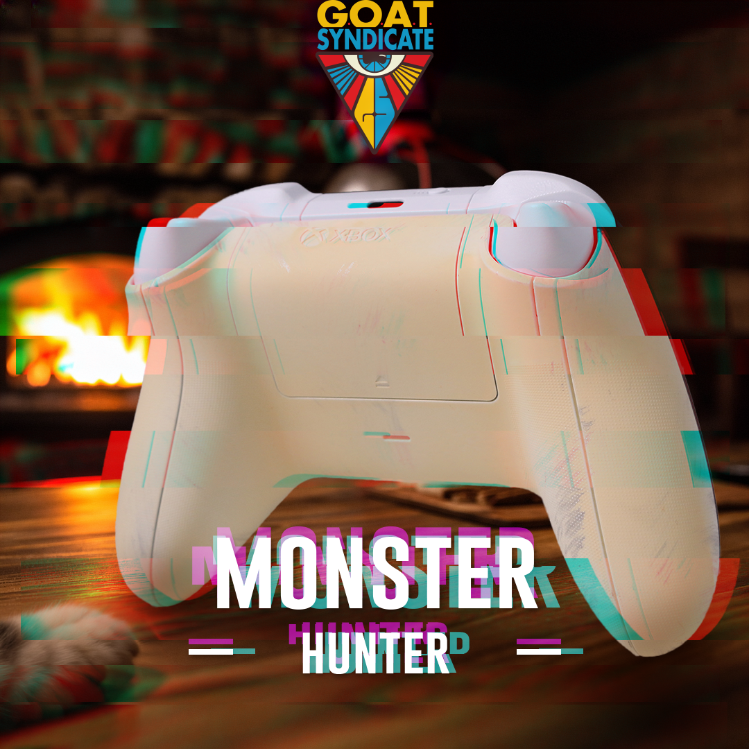 Game controller with 'Monster Hunter' branding on a blurred background
