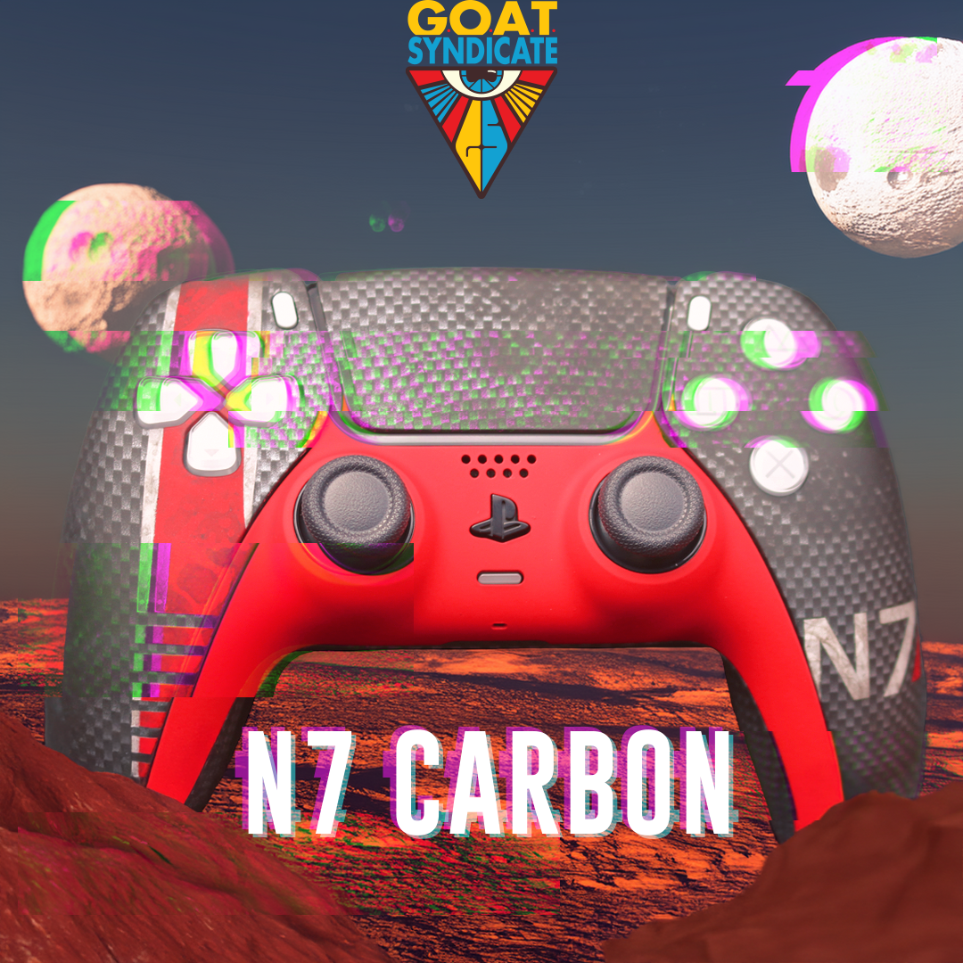 Red and black gaming controller with 'N7 Carbon' text against a colorful abstract background.