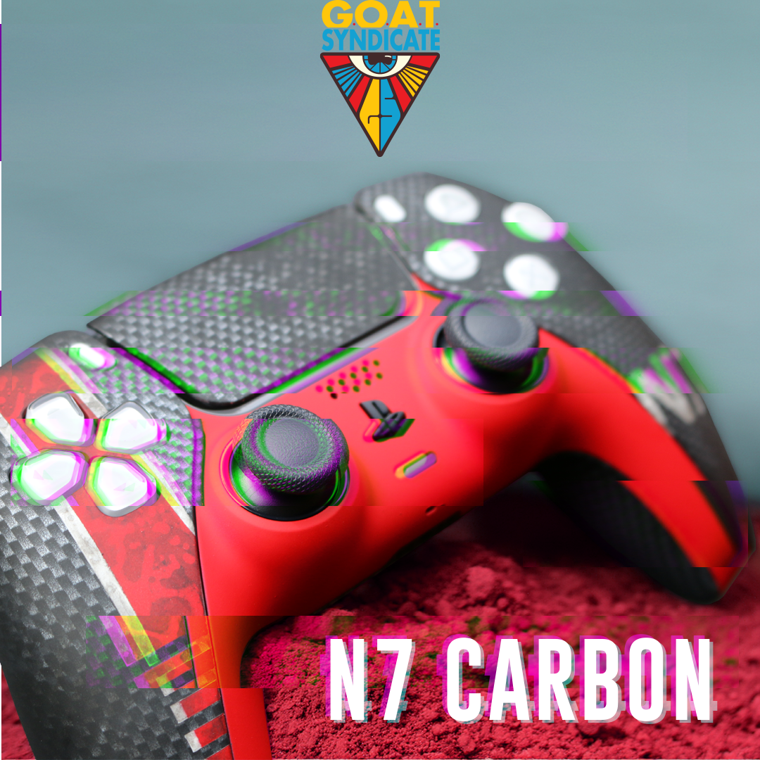 Glossy gaming controller with 'N7 Carbon' text and 'GOAT Syndicate' logo on a gradient background.
