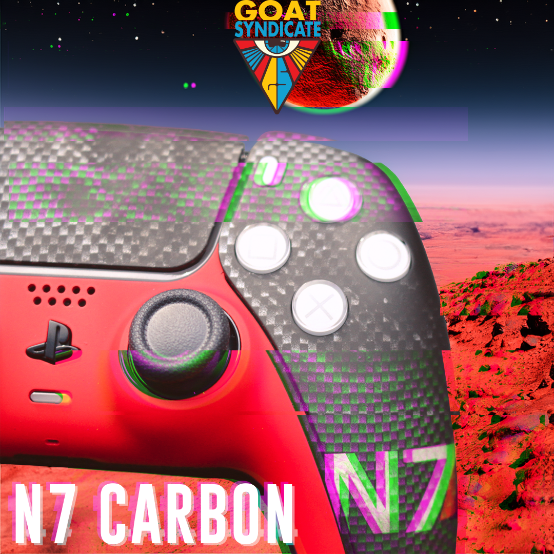 Gaming controller with 'N7 Carbon' design on a space-themed background, featuring the Goat Syndicate logo.