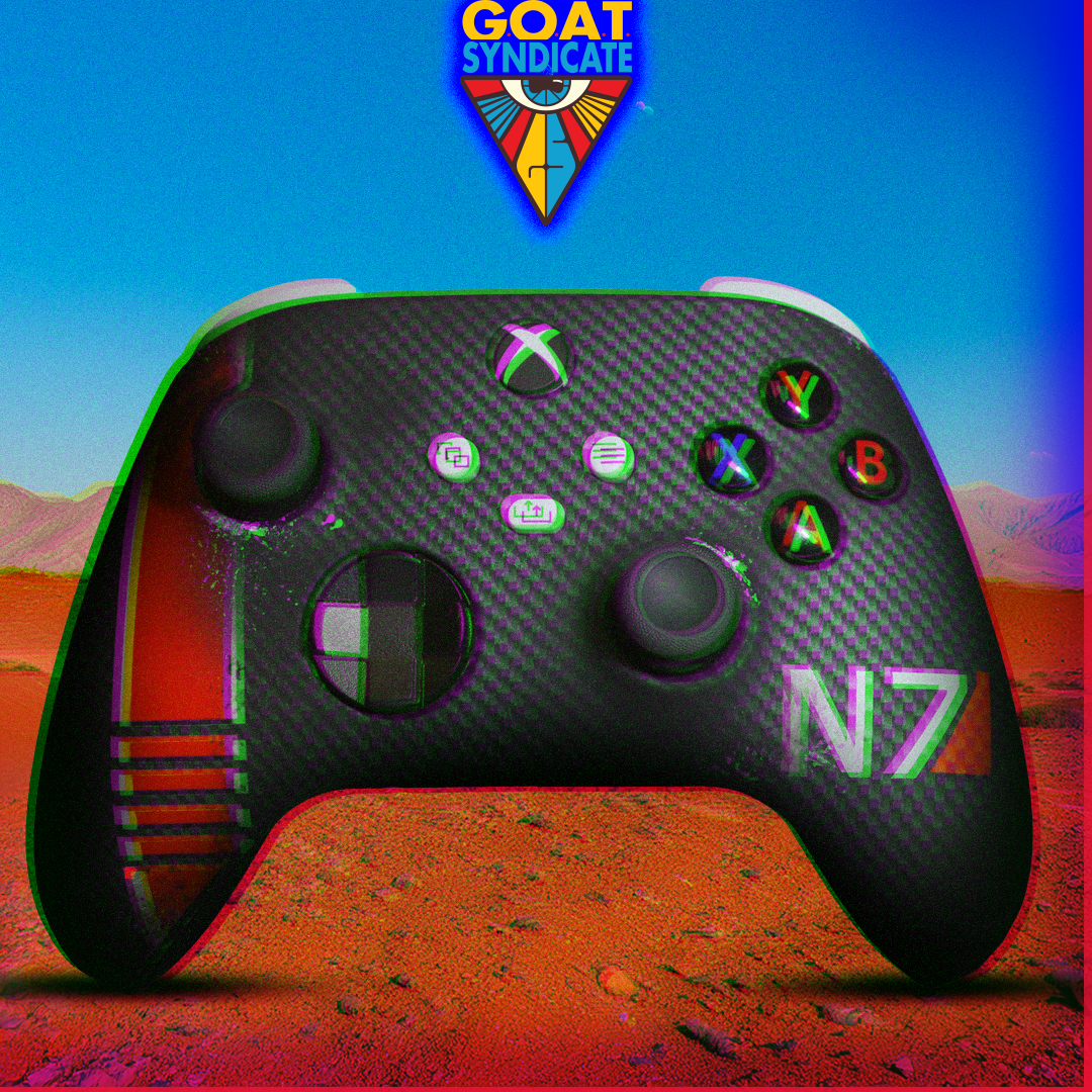 Black gaming controller with 'N7' branding on a desert landscape background, featuring the 'GOAT Syndicate' logo.
