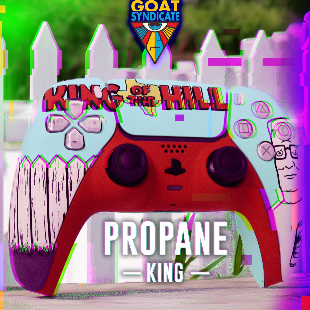 Colorful gaming controller with 'King of the Hill' and 'Propane King' text, set against a blurred outdoor background.