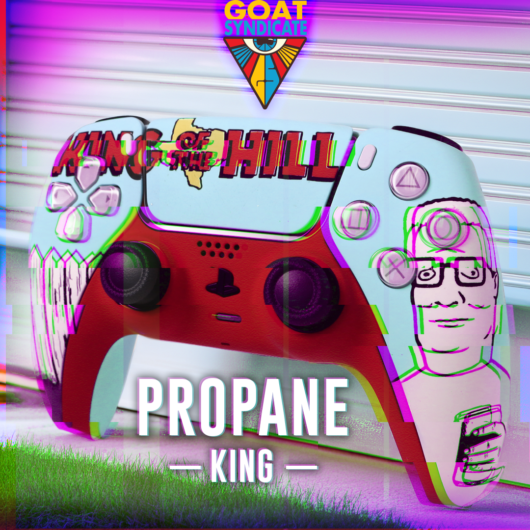 Colorful gaming controller with 'King of the Hill' and 'Propane King' text, featuring a stylized graphic design.