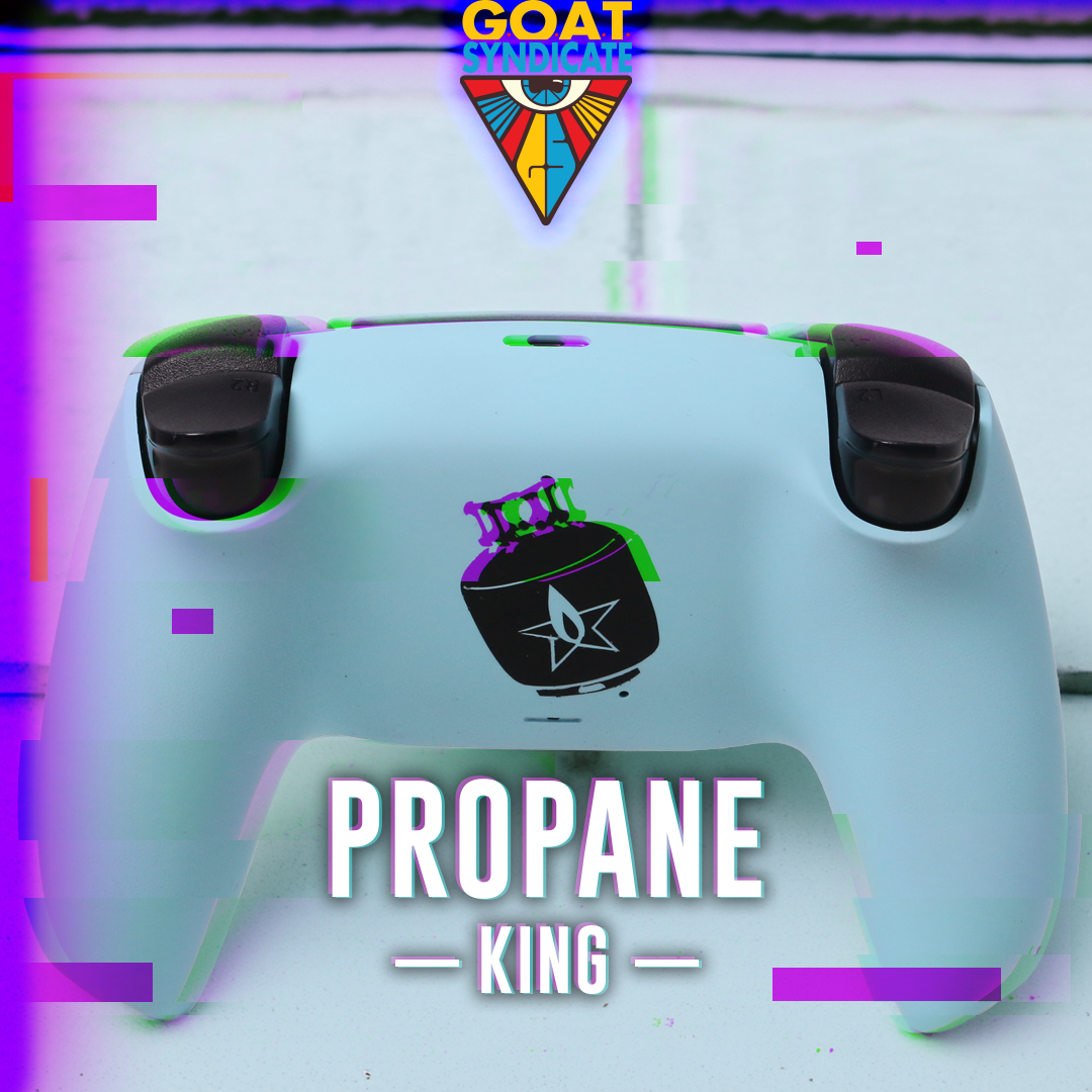 Gaming controller with 'Propane King' design on a colorful background