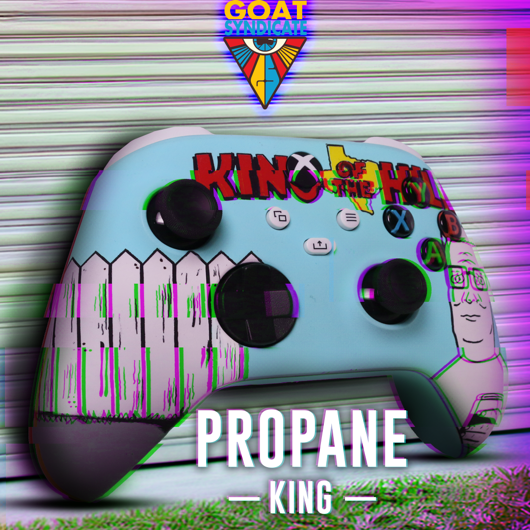 Colorful gaming controller with 'King of the Hill' and 'Propane King' text on a multicolored background.